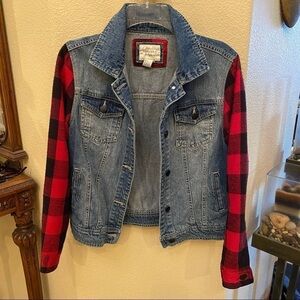 FOREVER 21 Jean Red Flannel Plaid Sleeve Jacket Size Small